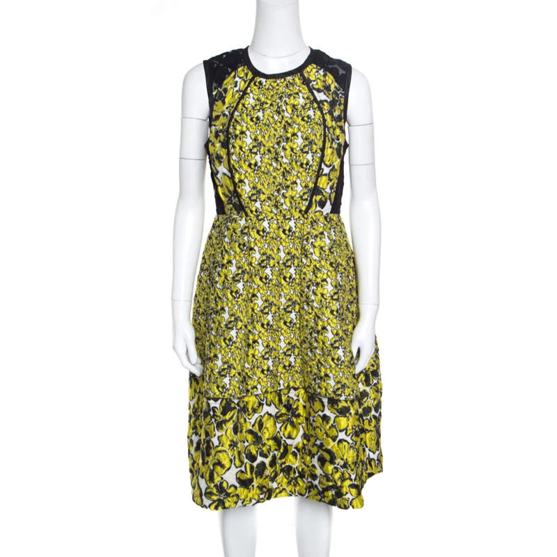 Oscar De La Renta Yellow And Black Embossed Floral Jacquard Lace Detail Dress L For Women 3 Oscar De La Renta Yellow And Black Embossed Floral Jacquard Lace Detail Dress L For Women
