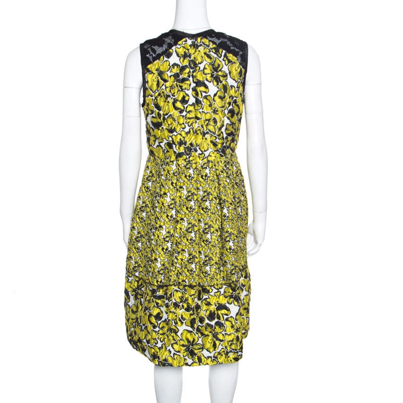 Oscar De La Renta Yellow And Black Embossed Floral Jacquard Lace Detail Dress L For Women 5 Oscar De La Renta Yellow And Black Embossed Floral Jacquard Lace Detail Dress L For Women - Image 3
