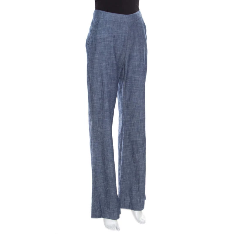 Oscar De La Renta Blue Cotton High Waisted Wide Leg Trousers M For Women 4 Oscar De La Renta Blue Cotton High Waisted Wide Leg Trousers M For Women - Image 2