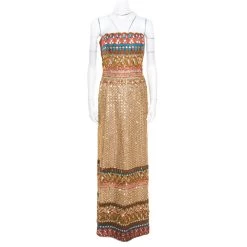 Oscar De La Renta Multicolor Embroidered Sequin Embellished Strapless Gown L For Women