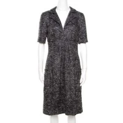 Oscar De La Renta Grey Textured Lurex Plunge Neck Detail Short Sleeve Dress M For Women