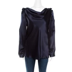 Oscar De La Renta Navy Blue Satin Cowl Neck Long Sleeve Blouse L For Women