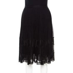 Oscar De La Renta Black Pleated Silk Lace Insert Skirt L For Women