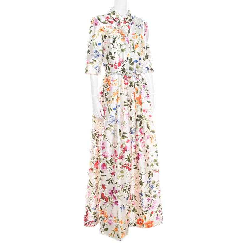Oscar De La Renta Osca De La Renta White Floral Printed Belted Maxi Dress L For Women 4 Oscar De La Renta Osca De La Renta White Floral Printed Belted Maxi Dress L For Women - Image 2