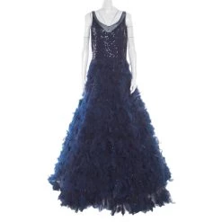 Oscar De La Renta Navy Blue Embellished Tulle Faux Feather Gown XL For Women