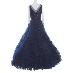 Oscar De La Renta Navy Blue Embellished Tulle Faux Feather Gown XL For Women -Oscar de la Renta Sales Shop luxury women oscar de la rentaslug used clothes p180940 004