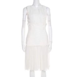 Oscar De La Renta White Chiffon And Tweed Lace Applique Sleeveless Dress S For Women