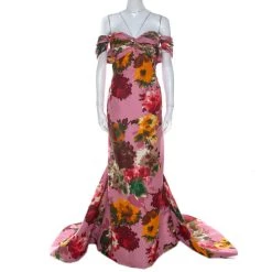 Oscar De La Renta Pink Floral Print Silk Ruched Strapless Evening Gown L For Women