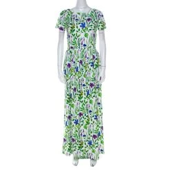 Oscar De La Renta Multicolor Floral Print Cotton Gathered Maxi Dress S For Women