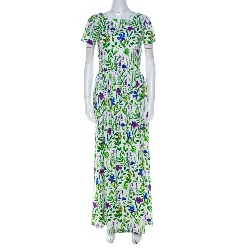 Oscar De La Renta Multicolor Floral Print Cotton Gathered Maxi Dress S For Women 3 Oscar De La Renta Multicolor Floral Print Cotton Gathered Maxi Dress S For Women