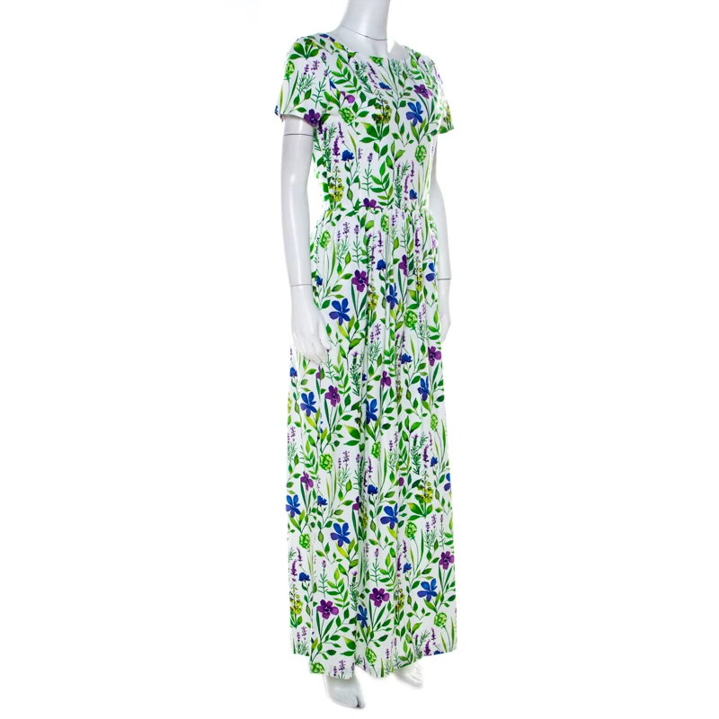 Oscar De La Renta Multicolor Floral Print Cotton Gathered Maxi Dress S For Women 4 Oscar De La Renta Multicolor Floral Print Cotton Gathered Maxi Dress S For Women - Image 2