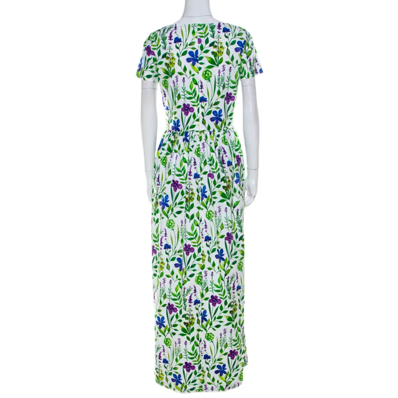 Oscar De La Renta Multicolor Floral Print Cotton Gathered Maxi Dress S For Women 5 Oscar De La Renta Multicolor Floral Print Cotton Gathered Maxi Dress S For Women - Image 3