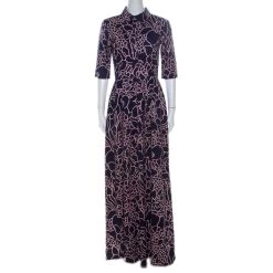 Oscar De La Renta Indigo Floral Printed Stretch Cotton Collared Maxi Dress S For Women