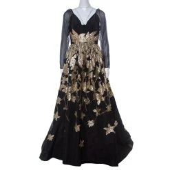 Oscar de la Renta Sales Shop 9 Oscar De La Renta Black Silk Sequined Applique Detail Sheer Sleeve Gown M For Women