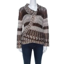 Oscar De La Renta Brown & Bronze Silk Knit Cardigan L For Women
