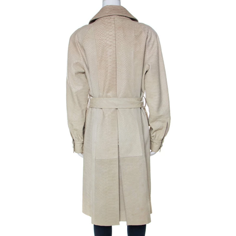 Oscar De La Renta Beige Perforated Python Embossed Leather Belted Coat L For Women 5 Oscar De La Renta Beige Perforated Python Embossed Leather Belted Coat L For Women - Image 3