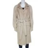 Oscar De La Renta Beige Perforated Python Embossed Leather Belted Coat L For Women