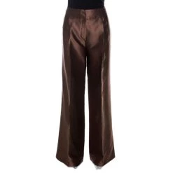 Oscar De La Renta Brown Silk Wide Leg Trousers L For Women