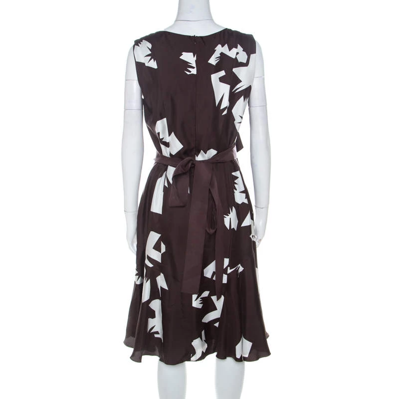 Oscar De La Renta Brown Abstract Print Silk Twill Ruffled Dress L For Women 5 Oscar De La Renta Brown Abstract Print Silk Twill Ruffled Dress L For Women - Image 3