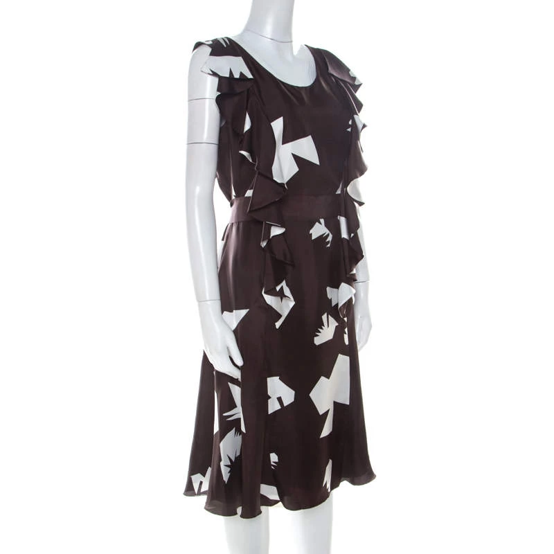 Oscar De La Renta Brown Abstract Print Silk Twill Ruffled Dress L For Women 4 Oscar De La Renta Brown Abstract Print Silk Twill Ruffled Dress L For Women - Image 2