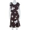 Oscar De La Renta Brown Abstract Print Silk Twill Ruffled Dress L For Women