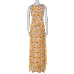 Oscar De La Renta White & Yellow Floral Print Frayed Neckline Sleeveless Dress M For Women -Oscar de la Renta Sales Shop luxury women oscar de la rentaslug used clothes p230342 001