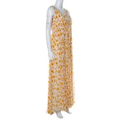 Oscar De La Renta White & Yellow Floral Print Frayed Neckline Sleeveless Dress M For Women -Oscar de la Renta Sales Shop luxury women oscar de la rentaslug used clothes p230342 002