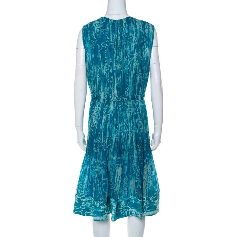Oscar De La Renta Blue Printed Toile Silk Pleated Sleeveless Dress L For Women 5 Oscar De La Renta Blue Printed Toile Silk Pleated Sleeveless Dress L For Women - Image 3