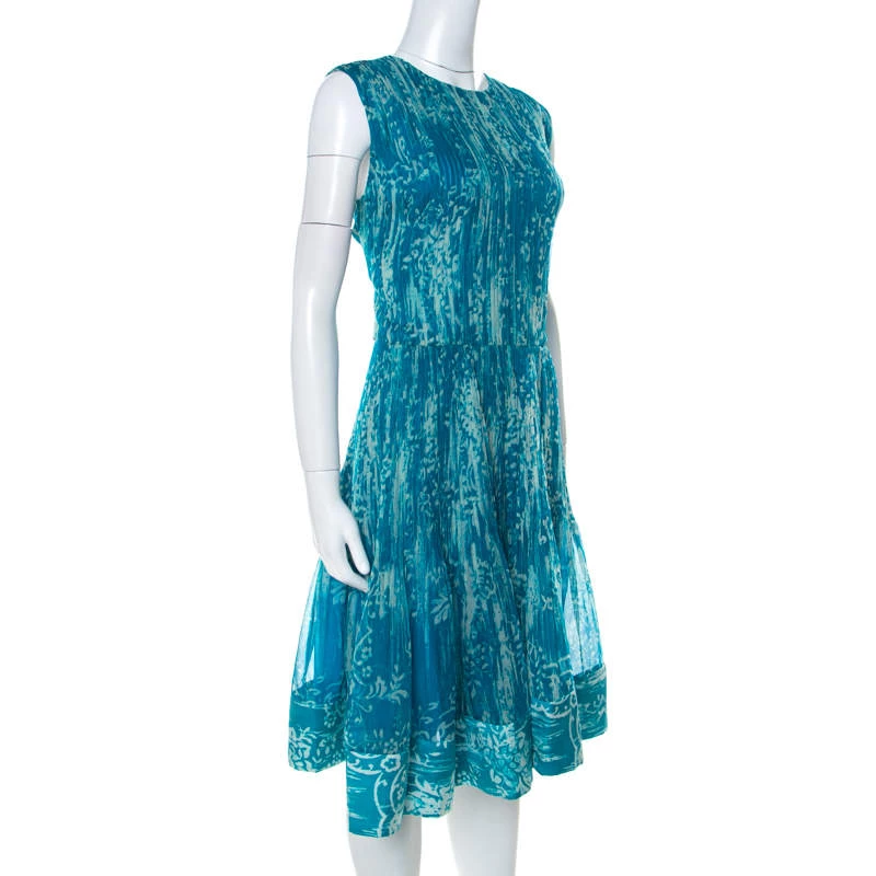 Oscar De La Renta Blue Printed Toile Silk Pleated Sleeveless Dress L For Women 4 Oscar De La Renta Blue Printed Toile Silk Pleated Sleeveless Dress L For Women - Image 2