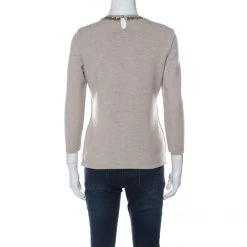 Oscar De La Renta Beige Cashmere Floral Feather Embellished Top M For Women -Oscar de la Renta Sales Shop luxury women oscar de la rentaslug used clothes p235326 001