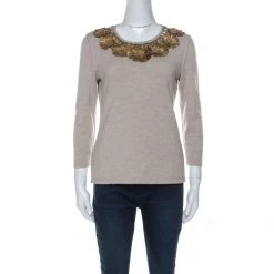 Oscar De La Renta Beige Cashmere Floral Feather Embellished Top M For Women