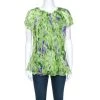 Oscar De La Renta Green Floral Print Chiffon Top L For Women