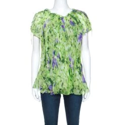 Oscar De La Renta Green Floral Print Chiffon Top L For Women