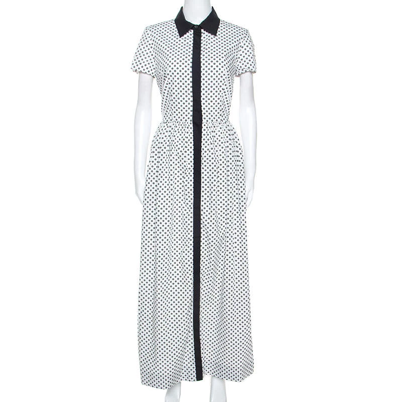Oscar De La Renta White Flower Print Cotton Contrast Trim Shirt Dress S For Women 3 Oscar De La Renta White Flower Print Cotton Contrast Trim Shirt Dress S For Women