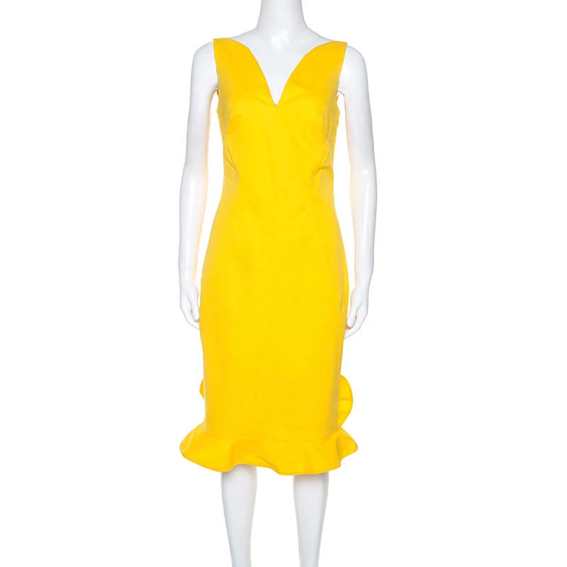 Oscar De La Renta Yellow Stretch Cotton Ruffled Hem Midi Dress S For Women 3 Oscar De La Renta Yellow Stretch Cotton Ruffled Hem Midi Dress S For Women