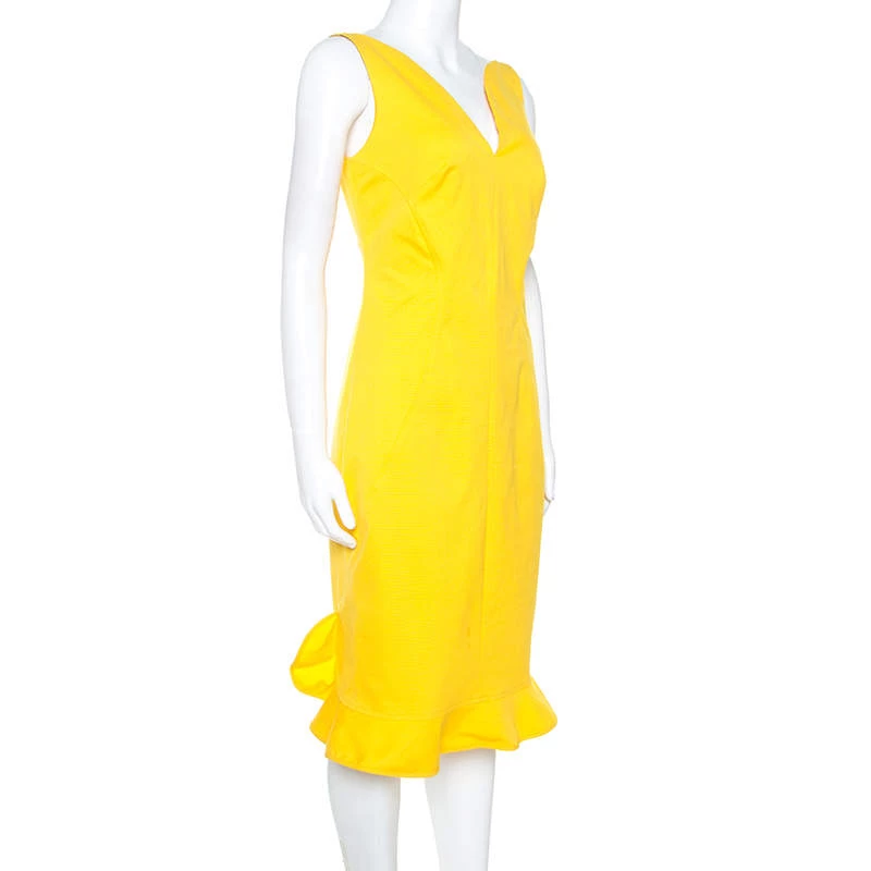 Oscar De La Renta Yellow Stretch Cotton Ruffled Hem Midi Dress S For Women 4 Oscar De La Renta Yellow Stretch Cotton Ruffled Hem Midi Dress S For Women - Image 2