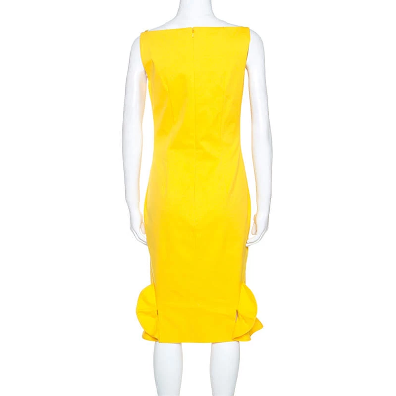Oscar De La Renta Yellow Stretch Cotton Ruffled Hem Midi Dress S For Women 5 Oscar De La Renta Yellow Stretch Cotton Ruffled Hem Midi Dress S For Women - Image 3