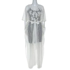 Oscar De La Renta White Crochet Maxi Belted Kaftan S For Women