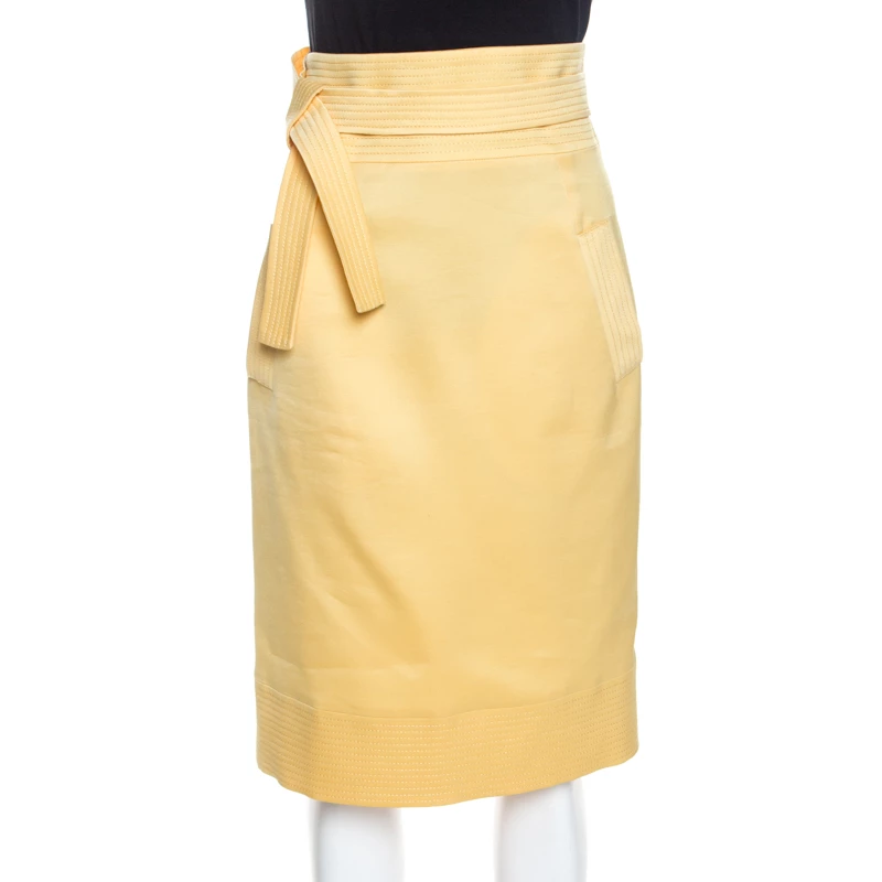 Oscar De La Renta Yellow Silk Waist Tie Detail Pencil Skirt M For Women 3 Oscar De La Renta Yellow Silk Waist Tie Detail Pencil Skirt M For Women
