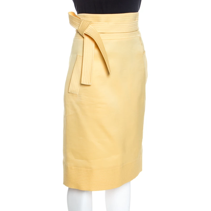 Oscar De La Renta Yellow Silk Waist Tie Detail Pencil Skirt M For Women 4 Oscar De La Renta Yellow Silk Waist Tie Detail Pencil Skirt M For Women - Image 2