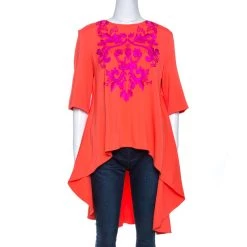 Oscar De La Renta Orange Crepe Floral Applique Detail Tunic XL For Women