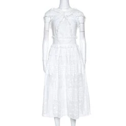 Oscar De La Renta White Eyelet Cotton Cross Front Dress S For Women