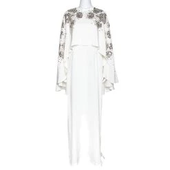 Oscar De La Renta Ivory Silk Sequin Embellished Cape Gown M For Women