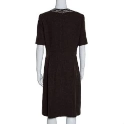 Oscar De La Renta Brown Textured Wool Embellished Short Sleeve Dress L For Women -Oscar de la Renta Sales Shop luxury women oscar de la rentaslug used clothes p280503 003