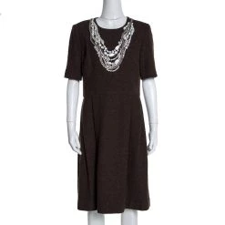 Oscar De La Renta Brown Textured Wool Embellished Short Sleeve Dress L For Women