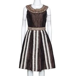 Oscar De La Renta Brown Silk Embellished & Pleated Sleeveless Dress S For Women