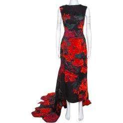 Oscar De La Renta Black Tufted Rose Fil Coupé Gown XL For Women
