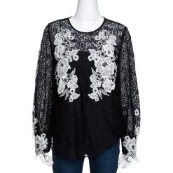 Oscar De La Renta Black & White Floral Lace Long Sleeve Blouse L For Women