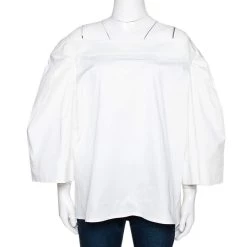 Oscar De La Renta White Stretch Cotton Puff Sleeve Blouse XXL For Women
