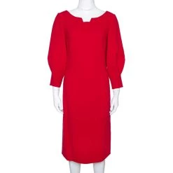 Oscar De La Renta Red Wool Crepe Balloon Sleeve Midi Dress M For Women